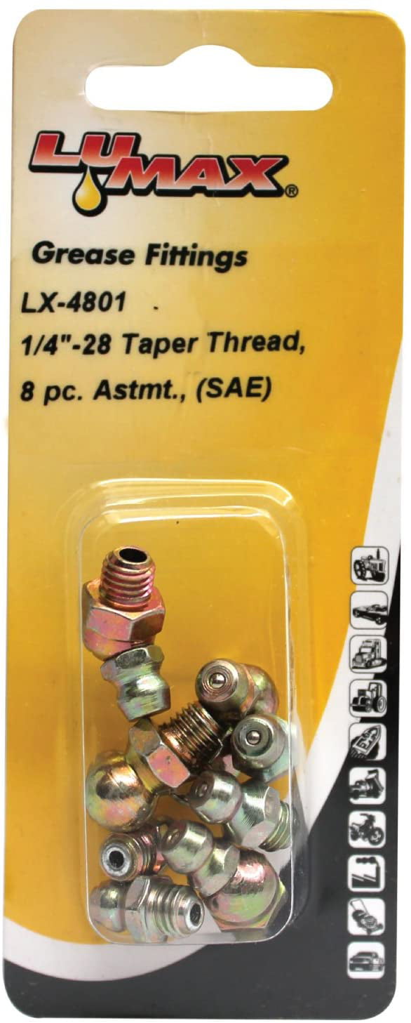 SAE 1/4-28 Taper Thread 8 Piece Grease Fitting Assortment Lumax LX-4801 Gold/Silver 