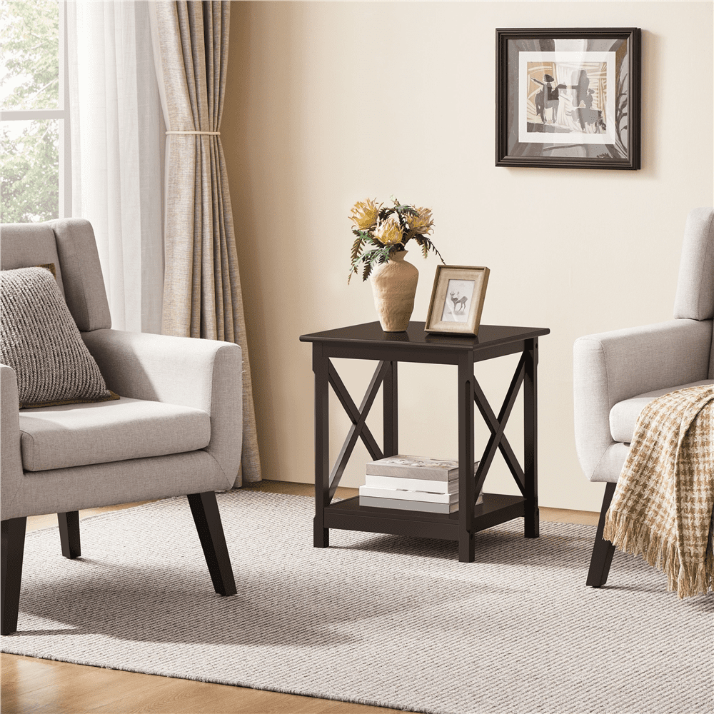 Renwick X Design Wood Rectangular End Table with Storage Shelf, Espresso