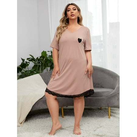 

Baby Pink Casual Women s Plus Heart Print Lace Trim Night Dress 2XL(16) Y22001D