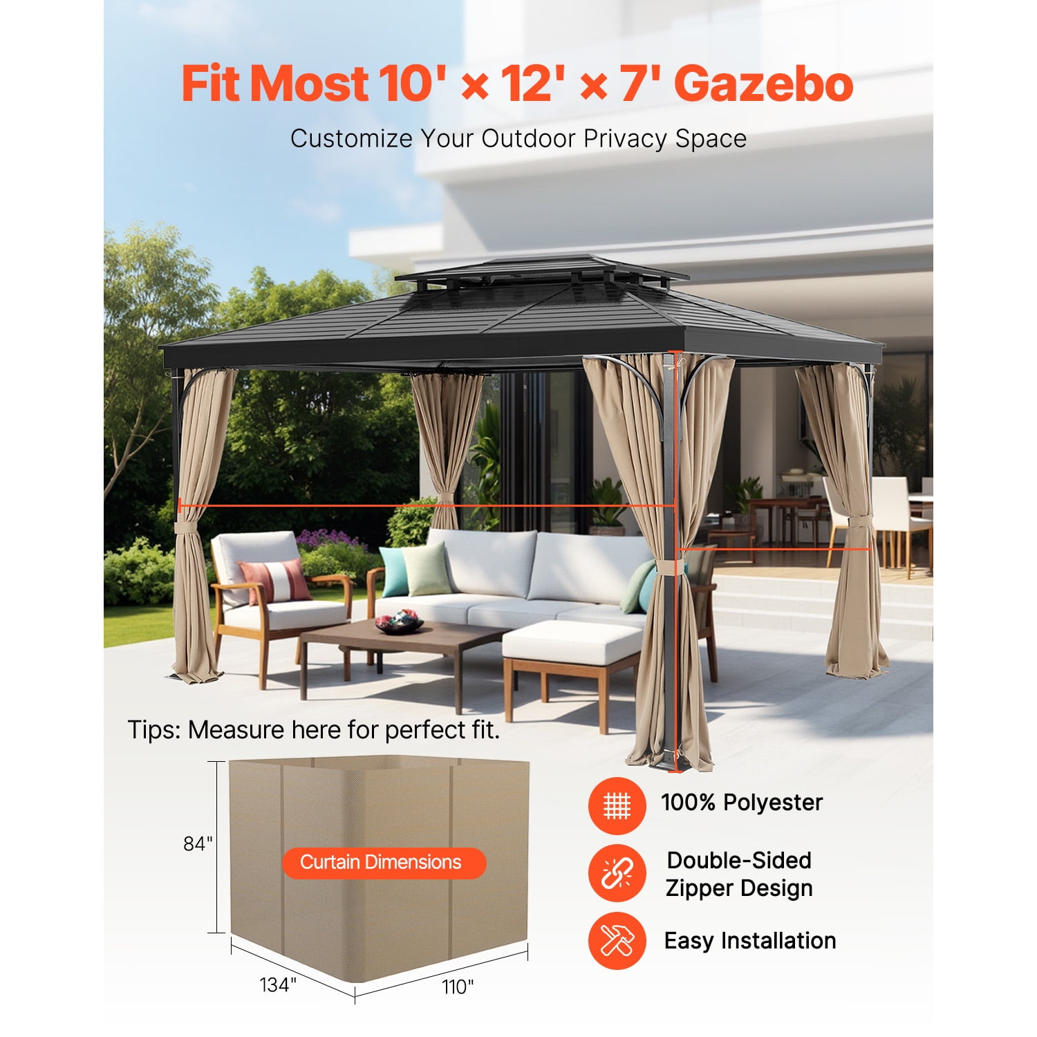 KFFKFF Outdoor Gazebo Privacy Curtains, 12' x 10' x 7', 4-Panel Sidewalls with Zippers Khaki