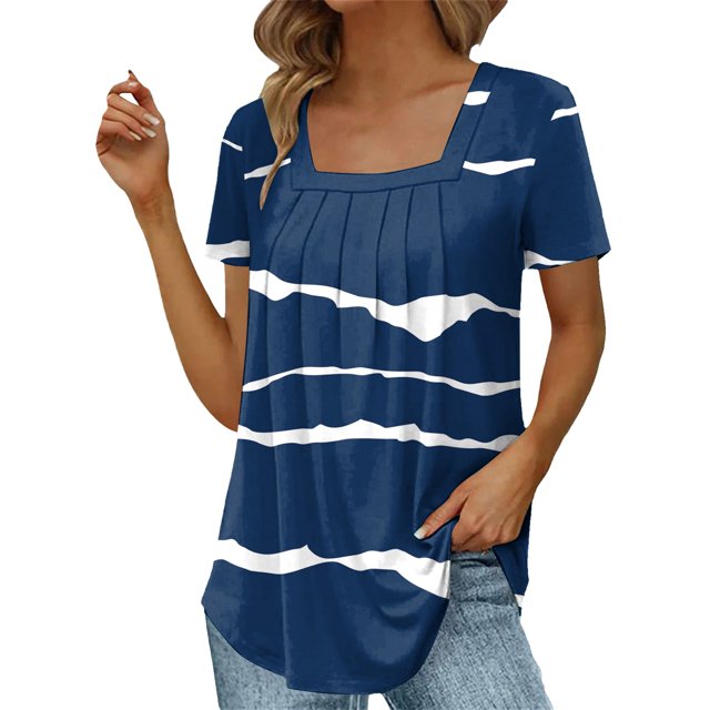 Gibobby Camisetas Mujer Manga Corta Tops verano para mujer, cuello cuadrado, plisado, frente, manga corta, túnica, camisas (Azul,G)