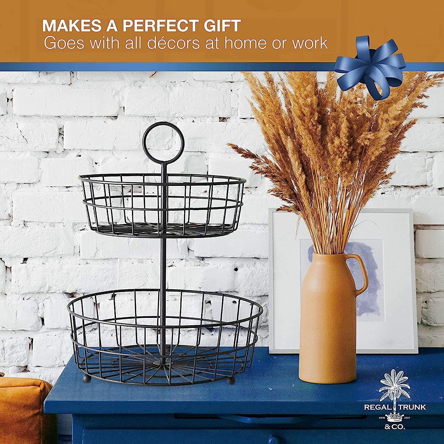 Regal Trunk & Co 2 Tier Fruit Basket, Wire Organizer, Matt Brown, Metallic Frame, Kitchen Size