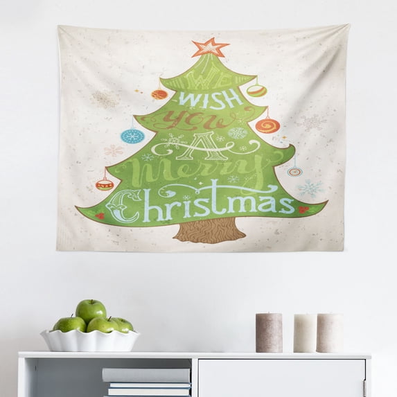 Christmas Tapestry, Branch of a Fir Tree and Blue Ball with Exposure Snowflake Motifs View Print, Fabric Wall Hanging Decor for Bedroom Living Room Dorm, 2 Sizes, Brown Green, by Ambesonne