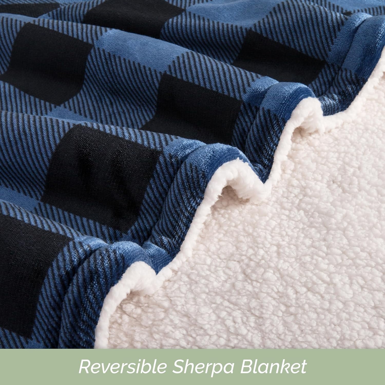 Elegant Comfort Reversible Buffalo Plaid Flannel Sherpa Blanket - Soft Fleece Throw for Couch or Bed - Plush Warm Winter Blanket, Twin XL, Blue