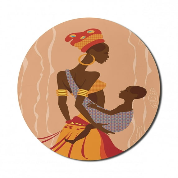 Folk Art Mouse Pad for Computers, Mother with Clothes and Her Baby in a Sling Illustration, Round Non-Slip Thick Rubber Modern Gaming Mousepad, 8" Round, Multicolor, by Ambesonne