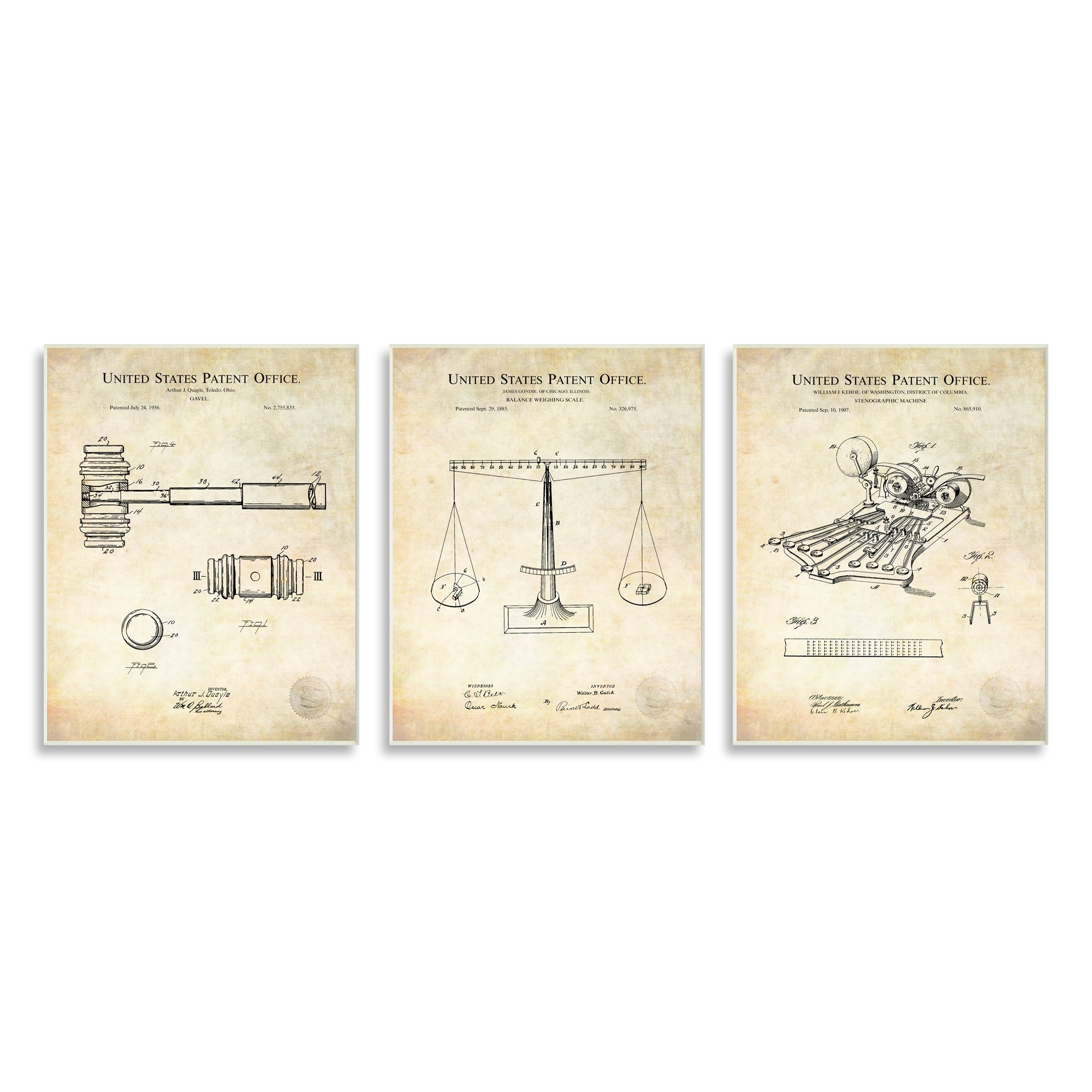 Stupell Industries Vintage Courtroom Patents Judge Scale Gavel and Stenograph Wood Wall Art, 10 x 15, Design by Karl Hronek