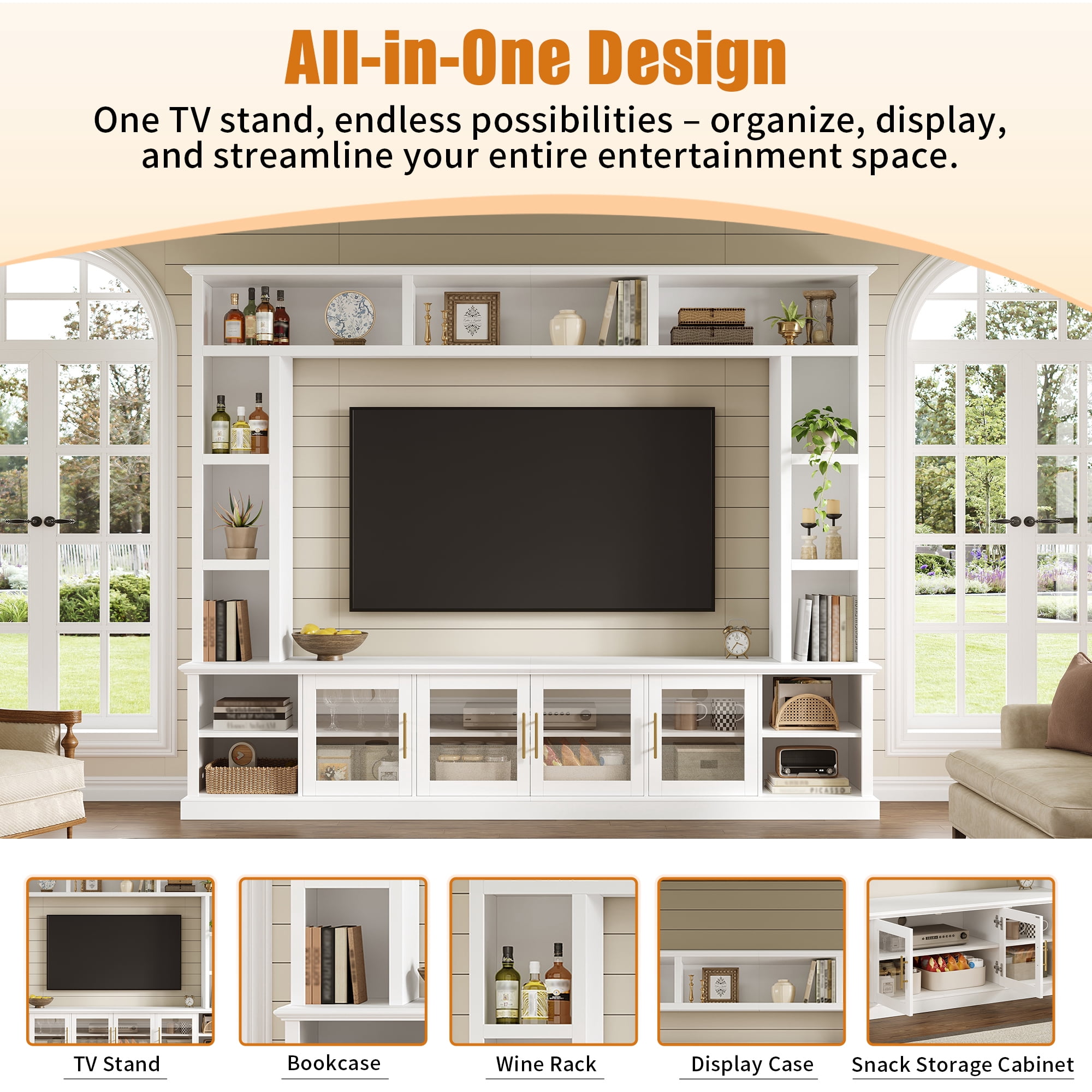 Euroco Entertainment Center Wall Unit for TVs up to 80", All-in-One Modern Entertainment Center with Bookshelves & Tempered Glass Doors, TV Console Unit with Shelving for Living Room, Entertainment