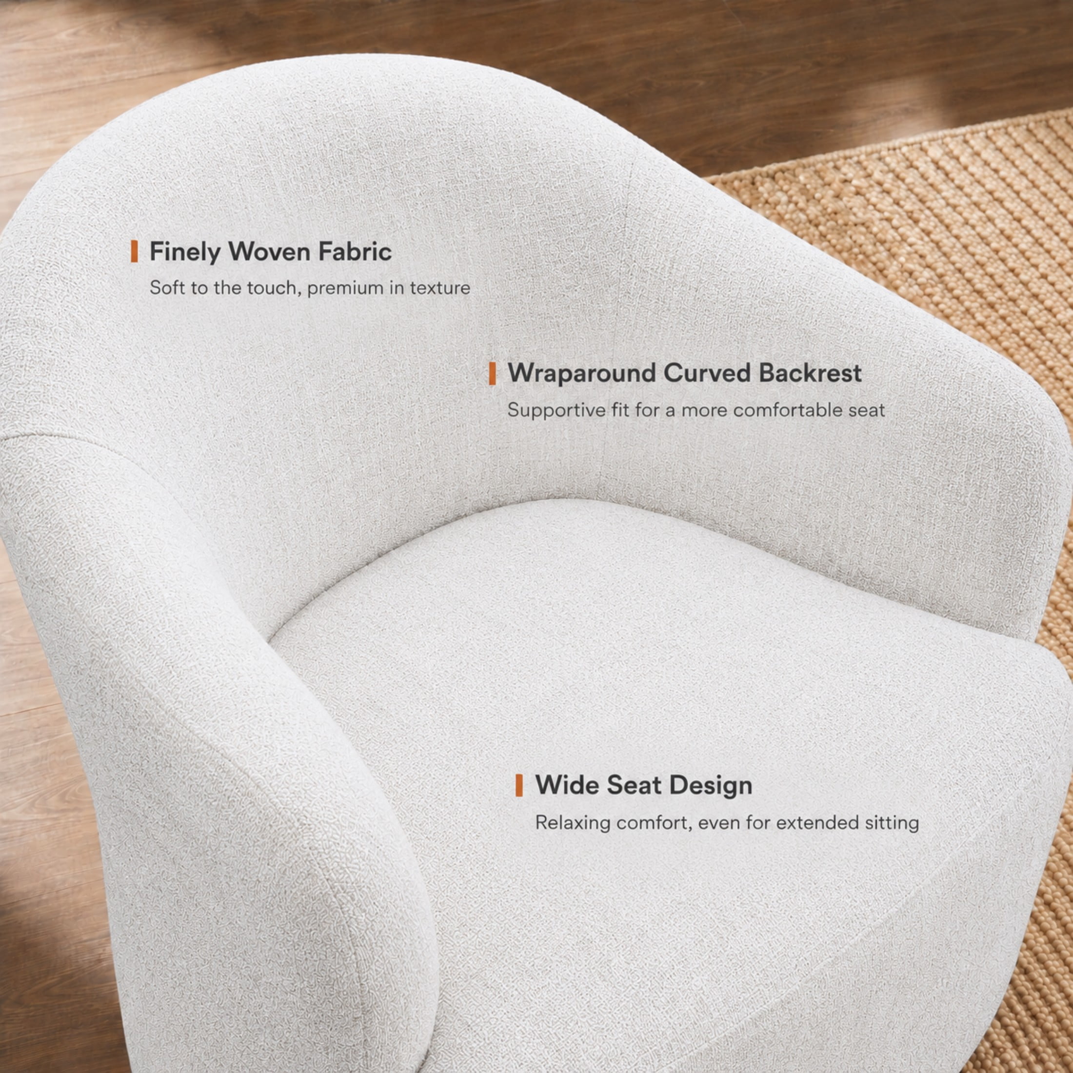 Aenkyo Dining Chair with Casters, Upholstered Barrel Back Rolling Accent Chair, White