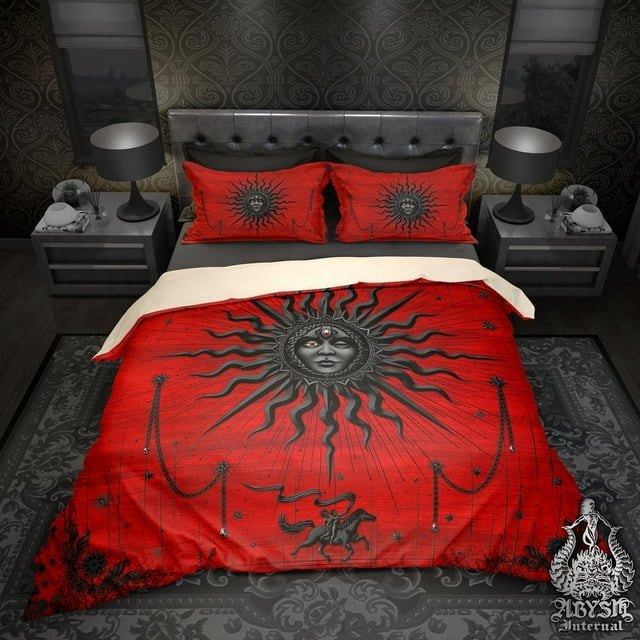 Housse de Couette Soleil Gothique Sanglant, Couvre-Lit Rouge et Noir, Couette Ésotérique,