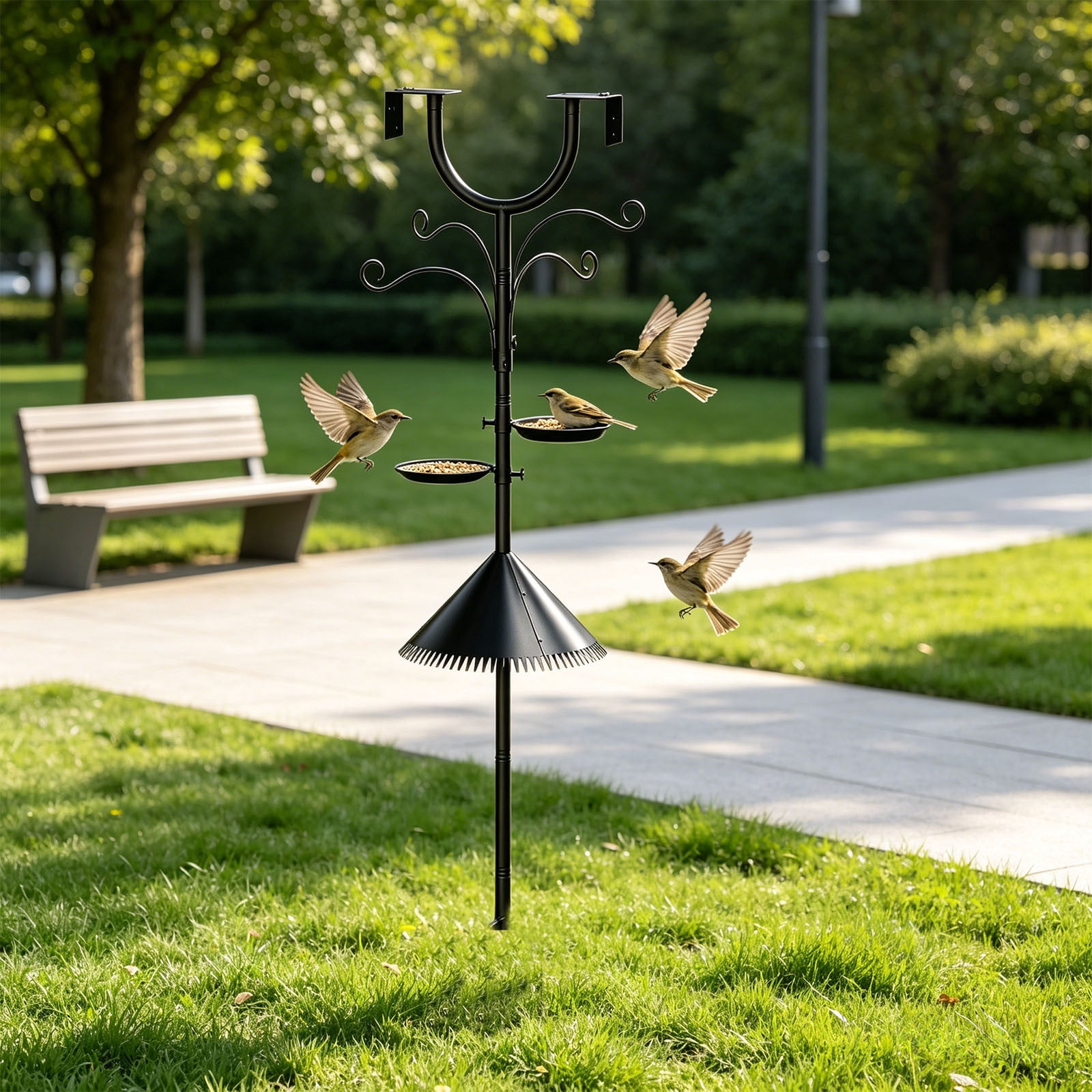 2026 Upgraded Squirrel-Resistant Bird Feeder Stand 61inch, Multi-Hook Metal Pole with 2 Trays for Backyard Birdhouse & Feeders