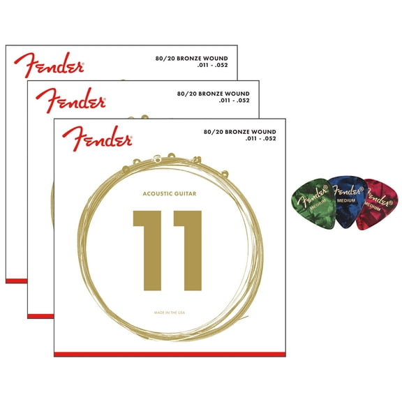 Fender 80/20 Bronze Acoustic Strings, Ball End - Custom Light .011-.052 3-Pack Bundle with 3-Pack Picks