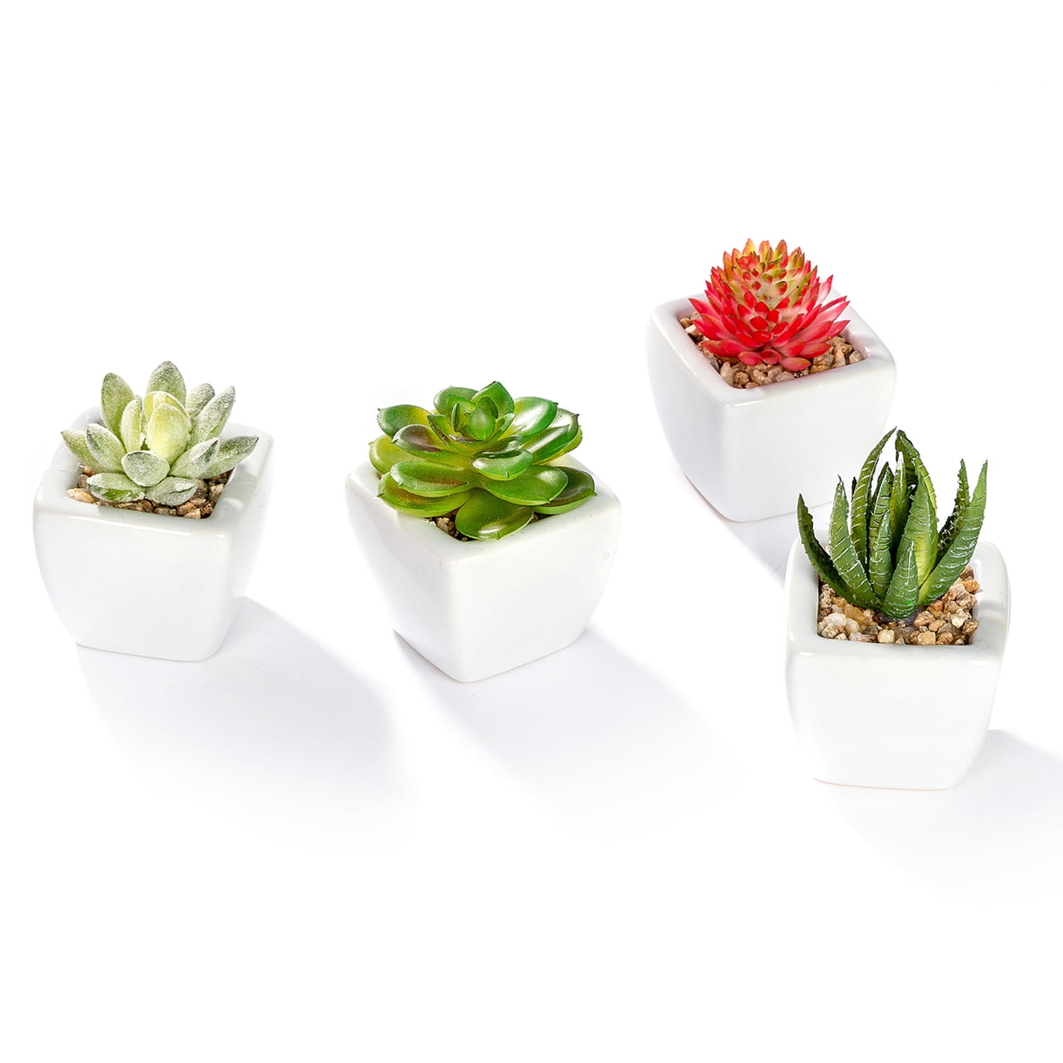 K-Cliffs Set of 4 Mini Faux Succulents in White Squared Ceramic Pots,  4,  2 L x 2 W x 2 H inches, 2lbs