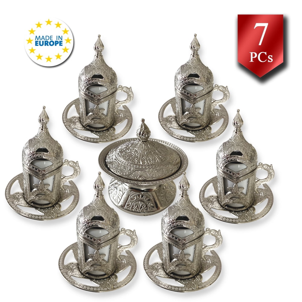 Authentic Handmade Copper & Porcelain Turkish Coffee Espresso Serving Set 6 Pcs 