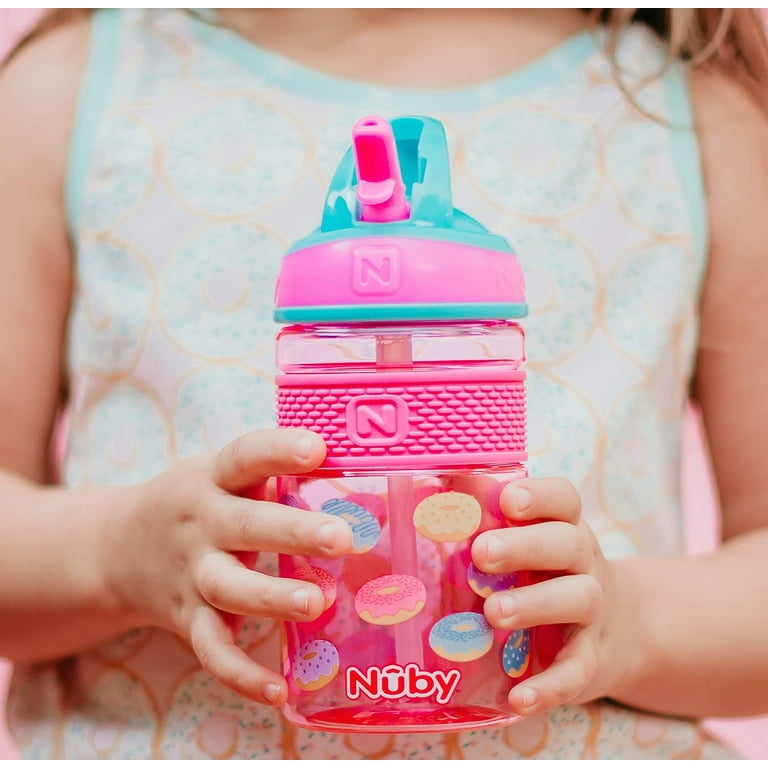 Nuby Thirsty Kids Flip it Freestyle On the Go Water Bottle with Bite Resistant Hard Straw Cup and Easy Grip Band Pink Donuts 12 Ounce