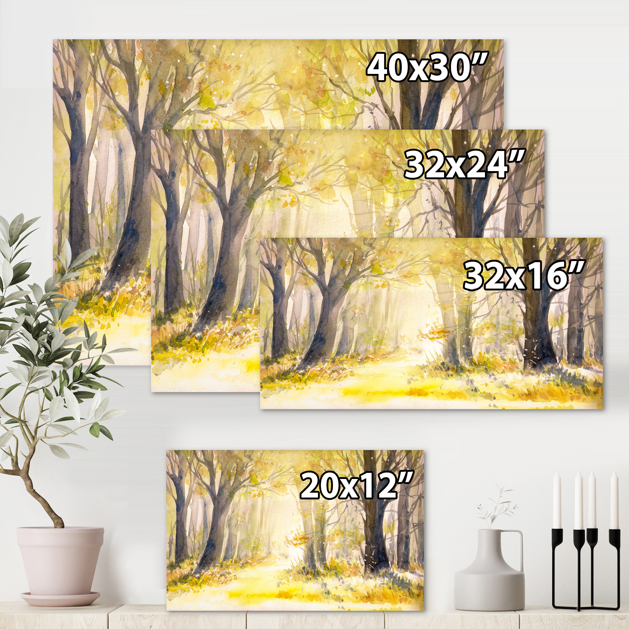 Bright Sunshine Through The Yellow Forest Trees I 32 in x 16 in Painting Canvas Art Print, by Designart