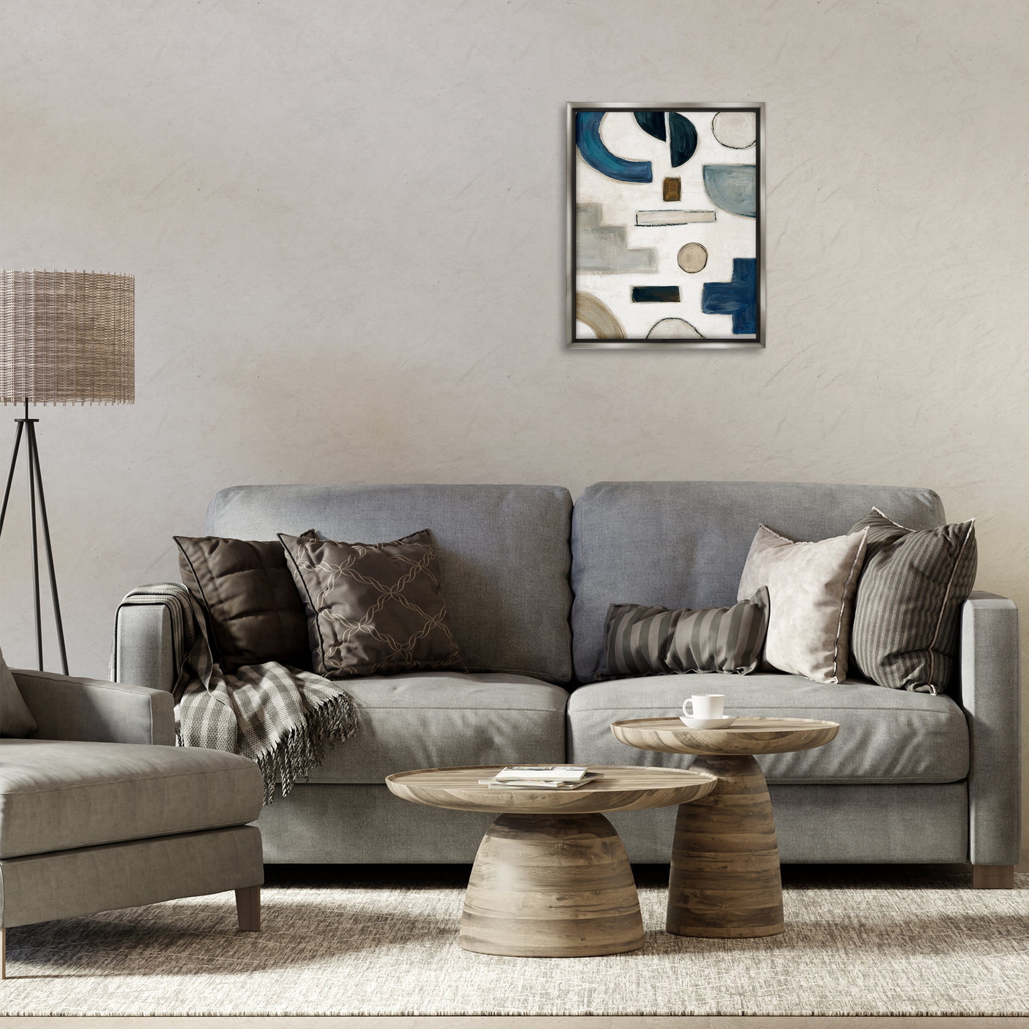 Stupell Industries Neutral Shapes Blue & Beige Abstract Painting Gray Floater Framed Canvas Art Print Wall Art, 17 x 21