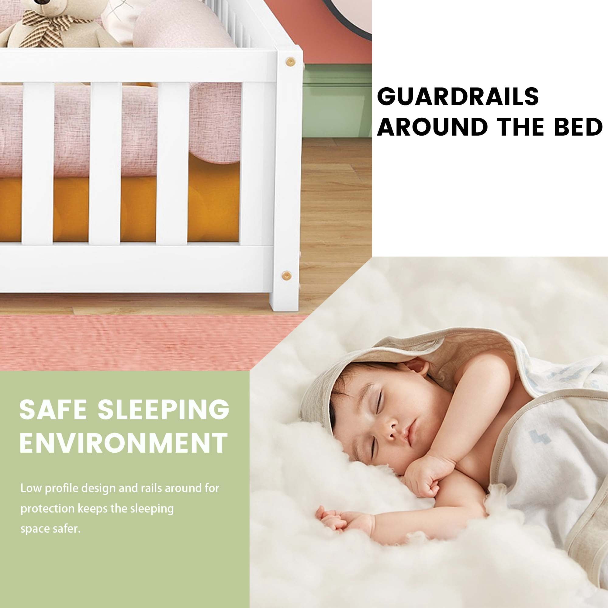 DEALTOPS Full Size Floor Bed with Safety Guardrails and Door Montessori Wood Bed Frame for Kids, White