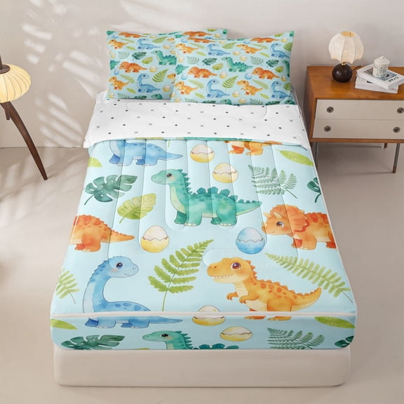 Homewish Watercolor Dinosaur Zipper Twin Comforter Sets with Fitted Sheet and 2 Pillowcases for Kids Boys Girls, Colorful Dino Zipper Bedding Set, Reversible, 4pcs