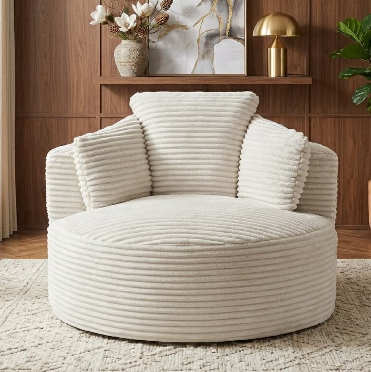 Aukfa Modern Corduroy Round Accent Chair, Compressible Chaise Lounge for Living Room & Bedroom, No Assembly,Beige