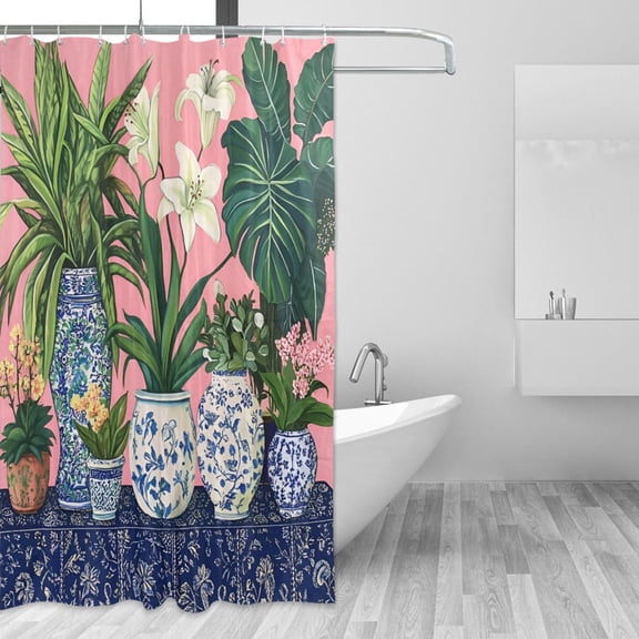 Yayeee Shower Curtain with Hooks 72"x72" Waterproof Fabric Bathroom Hanging Decor, Floral Vase