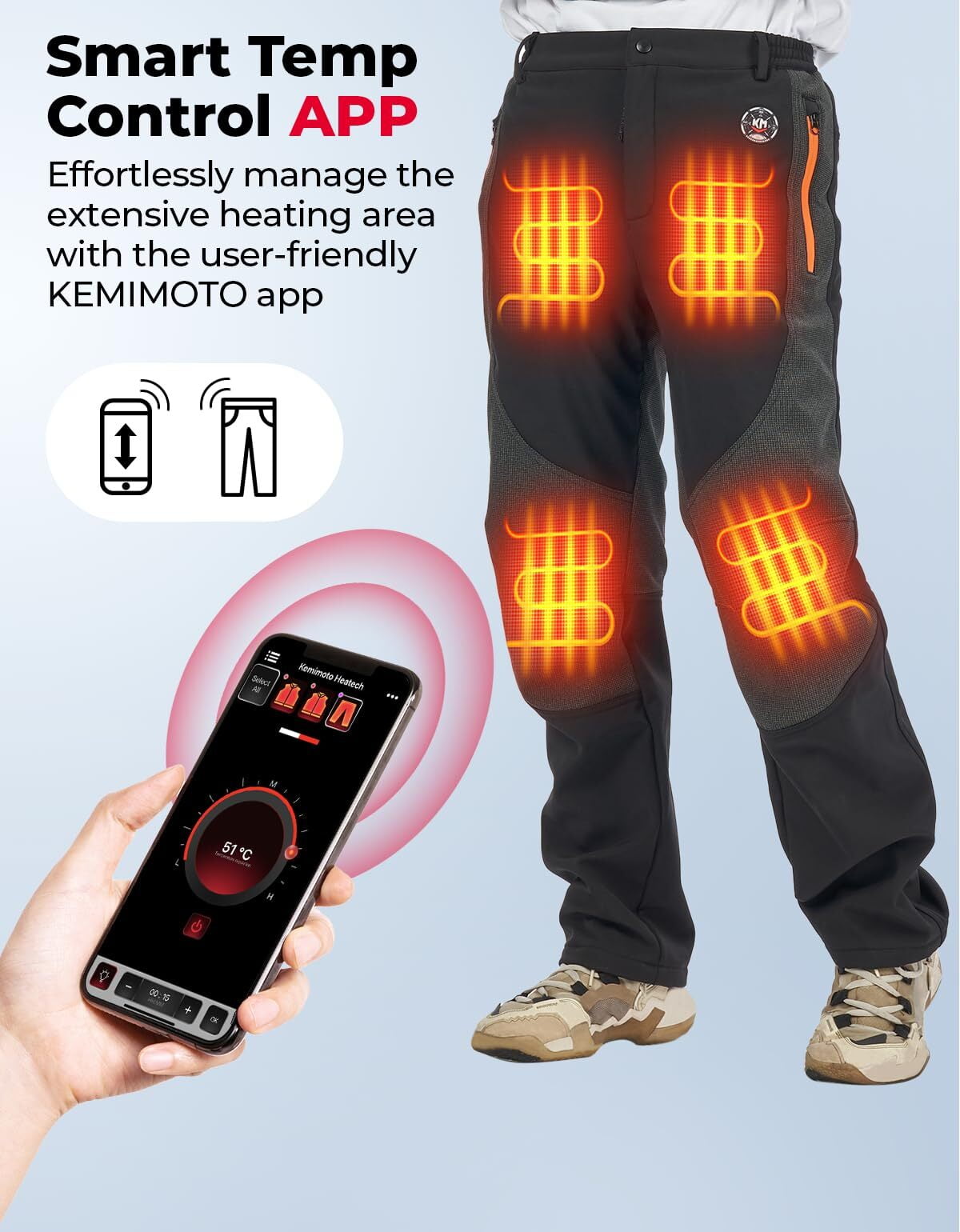 KEMIMOTO Heated Pants for Men 12V USB Electric Heating Pants,with Temp  Control APP,3 Temperature Adjustment Levels Winter Rechargeable Thermal  Heating Trousers Ski Pants 