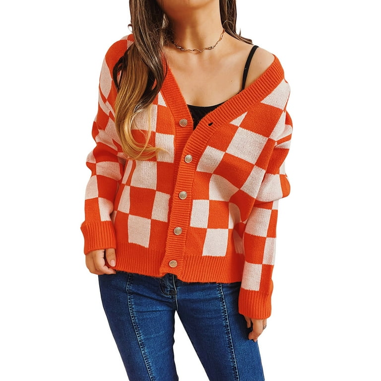 New V-Neck Long-Sleeved Loose Plaid Sweater Coat New V-Neck Long-Sleeved Loose Plaid Sweater Coat