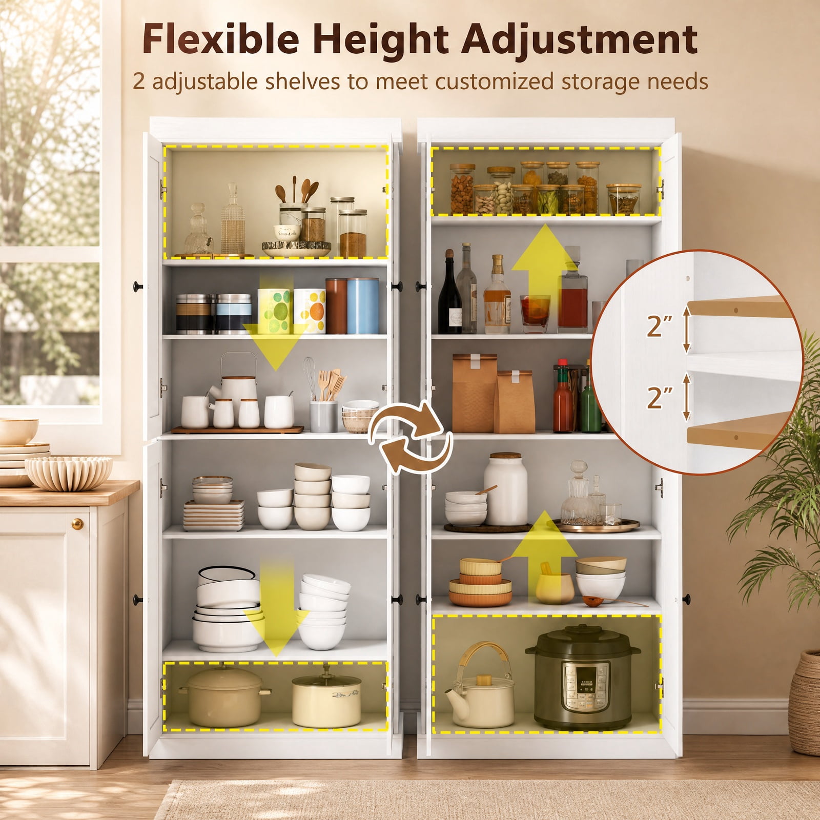 Furnibear 72.5 Inch Tall Kitchen Pantry Cabinet with 2 Adjustable Shelves Enclosed Doors and Anti Tipping Kits for Kitchen and Dining Room, White