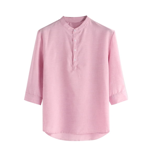 Hinvhai Men's Home Pure Color Button Casual Mid-sleeve Linen Stand-up Collar Blouse Shirt Tops Blouse Pink 6(M)