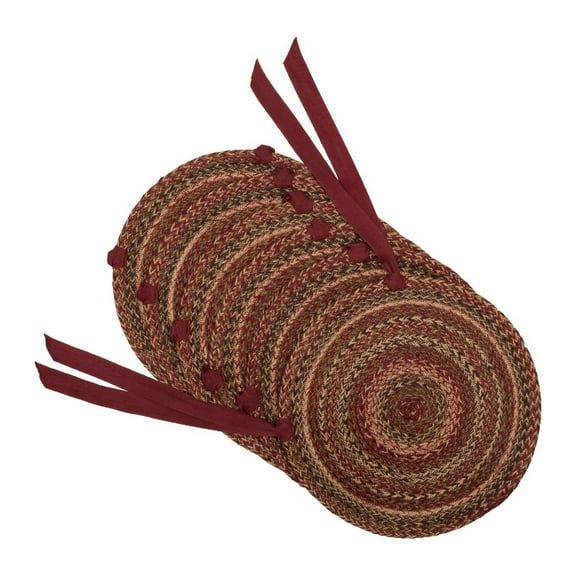 VHC Brands Cider Mill Jute Chair Pads, Braids of Burgandy & Olive, Set of 6