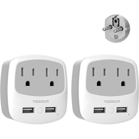 TESSAN Germany France Power Adapter, Schuko Type E/F Plug Adaptor with 2 USB Ports 2 AC Outlets, US to Europe German Frence Spain Iceland Russia Greece Korea Electrical Charger(2 Pack)