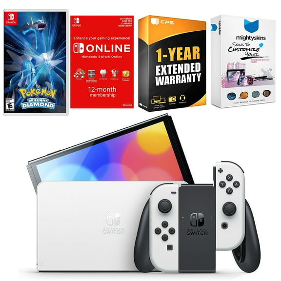 Nintendo Switch White OLED Console with Pokemon Brilliant Diamond, NSO 12 Month Family Membership, MightySkins Console and Controller Skin Voucher, and 1 Year CPS Extended Warranty