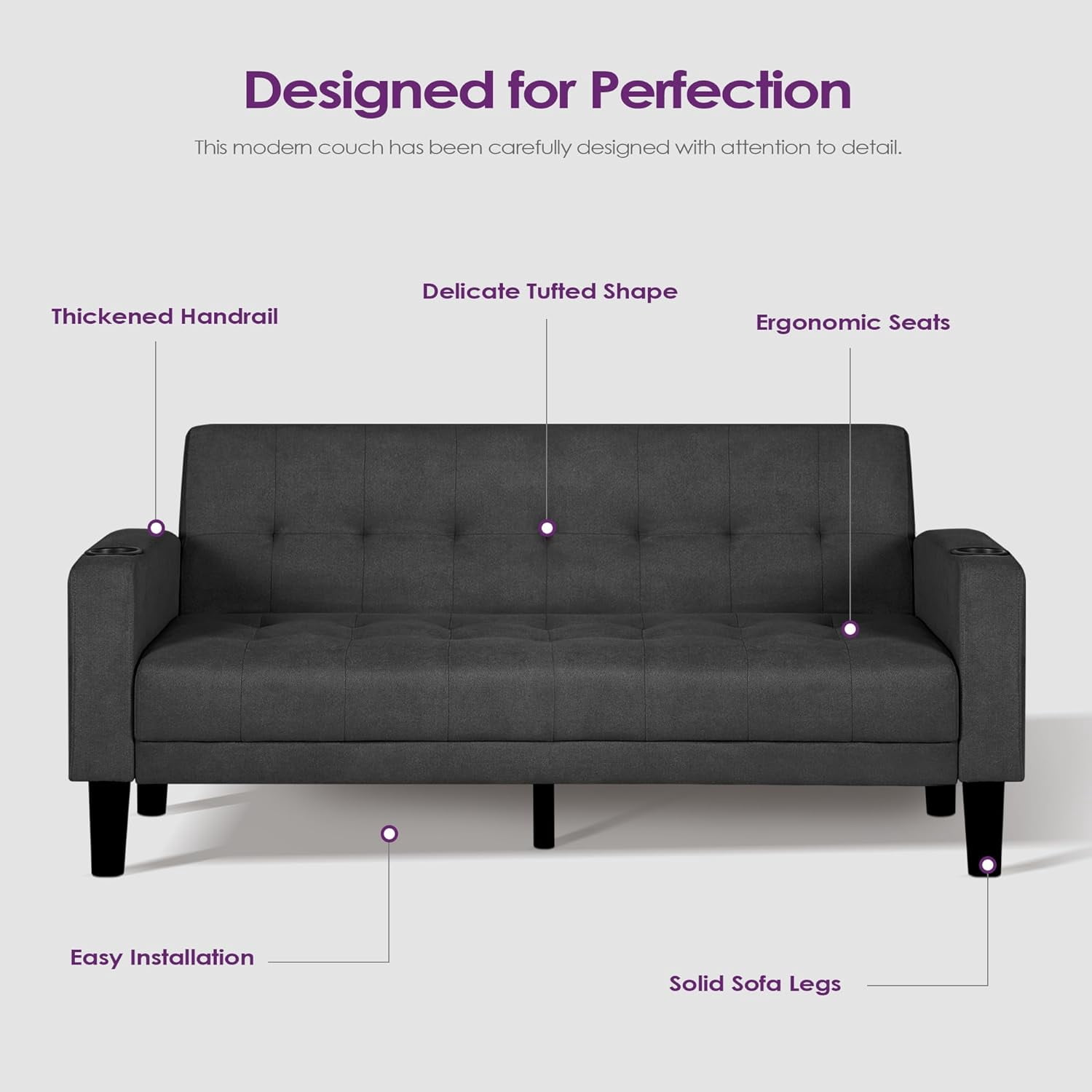 LAZZO 62" Mid-Century Modern Loveseat Sofa, Faux Leather Tufted Compact Couch with USB Ports & Cupholders, Dark Gray