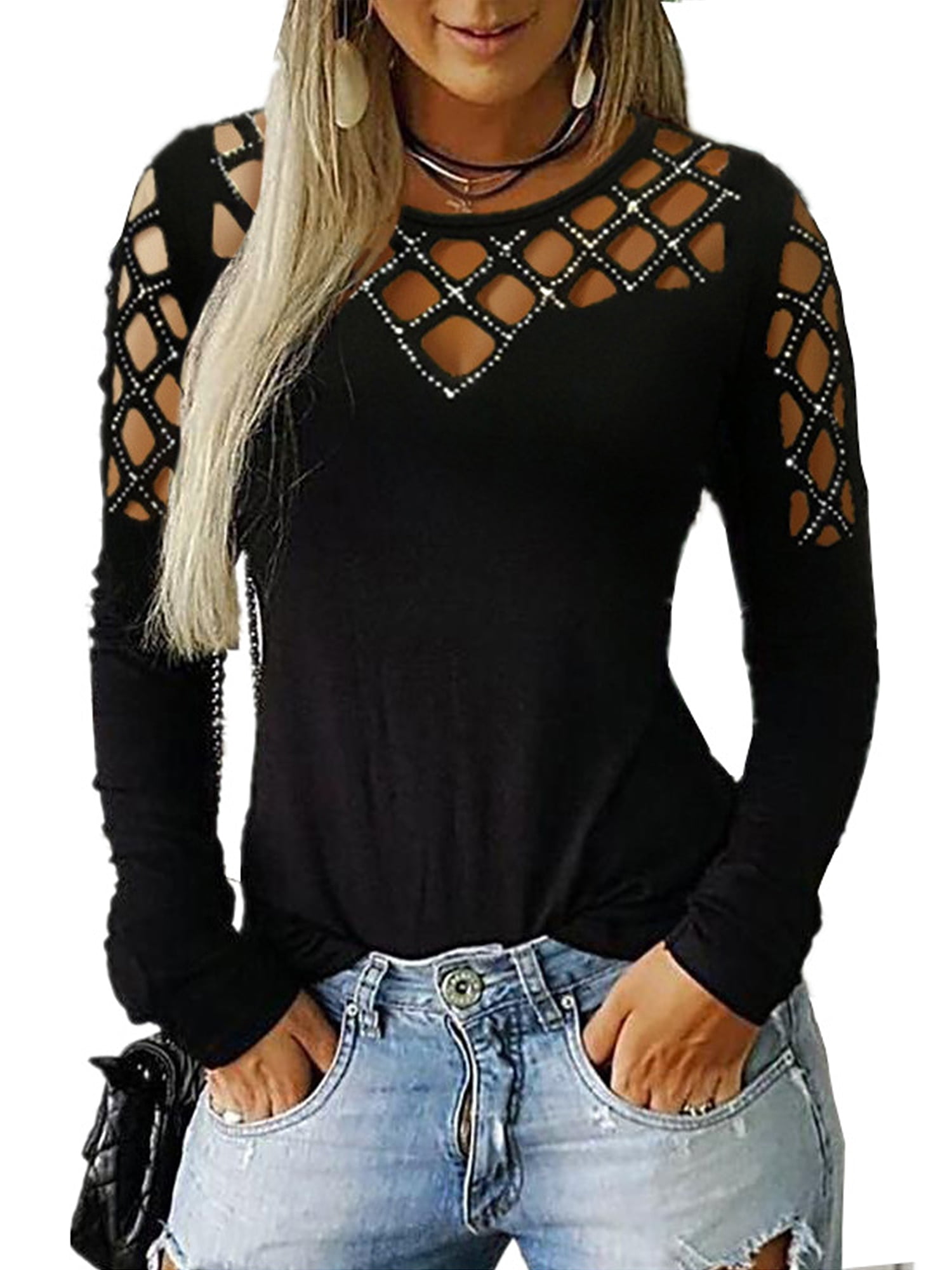 Long Sleeve Deep V Neck Strappy Lace Up Colorblock Pullover Sweatshirt T-Shirt Tee Top Black White