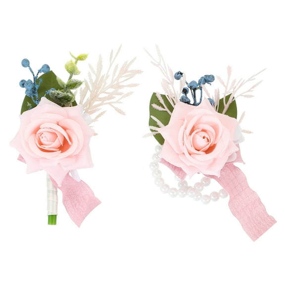 Rose Corsage and Boutonnieres Set for Groom Bride Groomsmen Wedding Pink