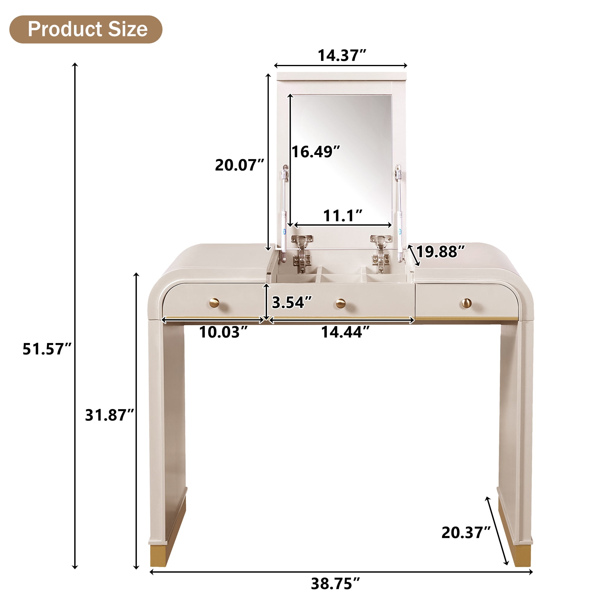 Mintazer Classic Wood Vanity Set with Flip Mirror, 3-in-1 Dressing Table with 2 Drawers & Storage Space, Makeup Vanity Desk for Bedroom, Champagne