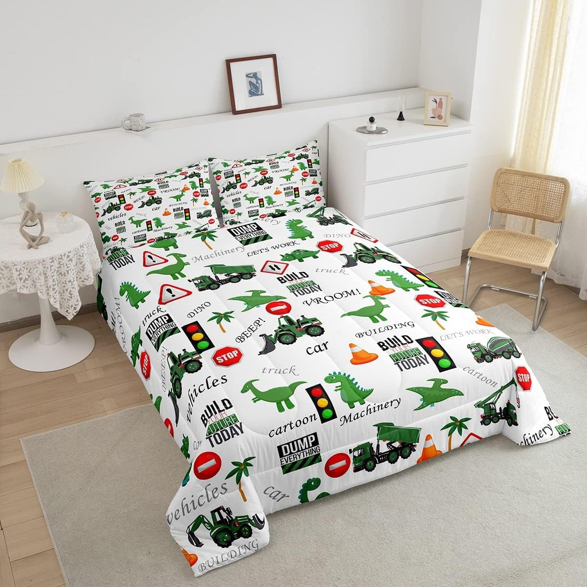 Kids Tractor Bedding Sets for Boys Excavator Comforter Queen Green