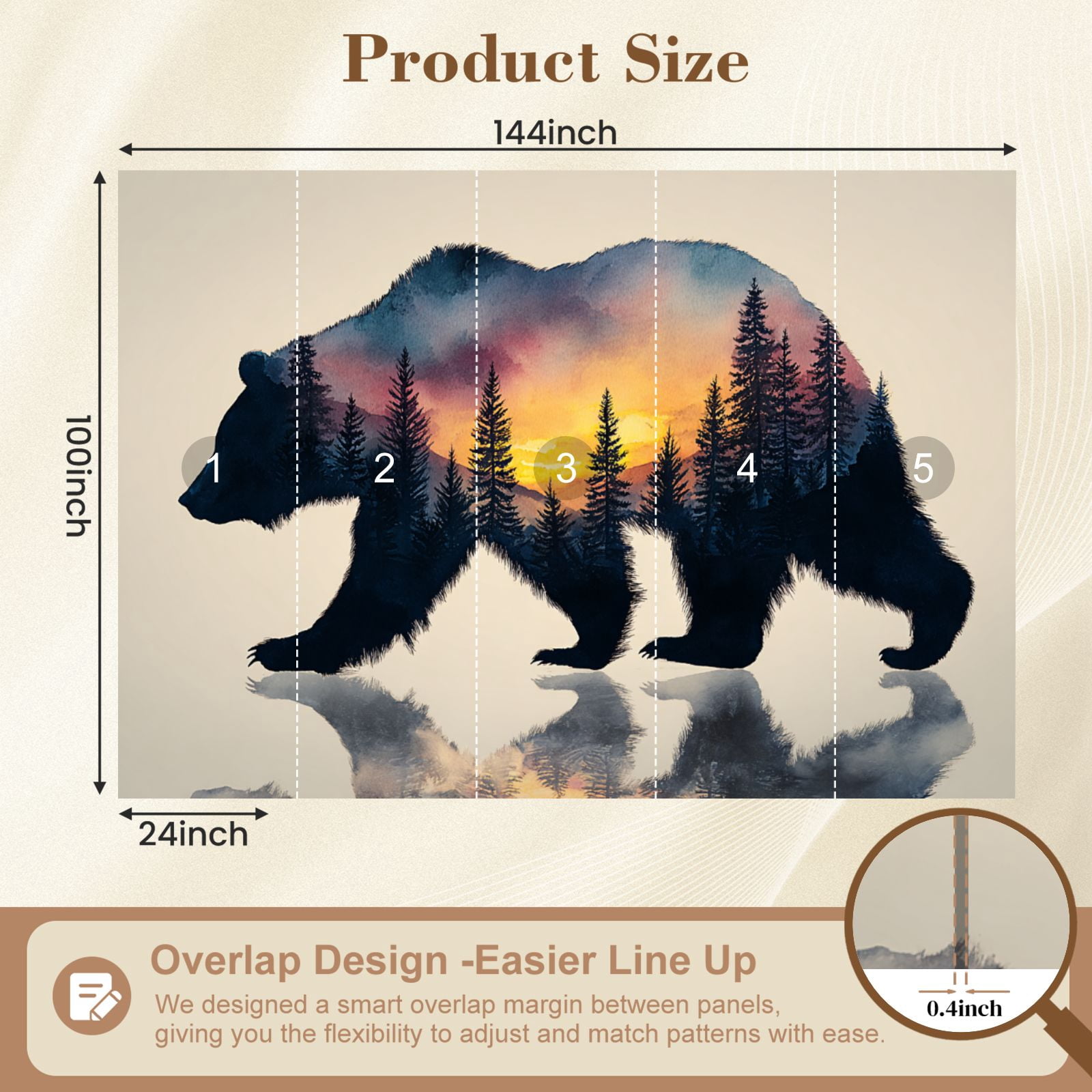 Wallpaper Animal Forest Scene Bear Trees Sunset Silhouette Peel and Stick Wall Murals 100"H x 144"W Removable PVC Wall Paper Self-Adhesive Wall Paintings Art Decor for Bedroom Living Room