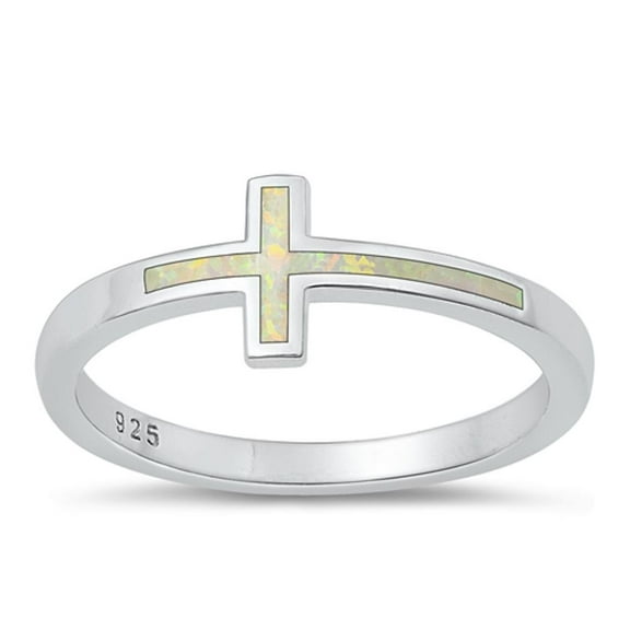 CHOOSE YOUR COLOR White Simulated Opal Cross Ring .925 Sterling Silver Band CZ Female Size 10