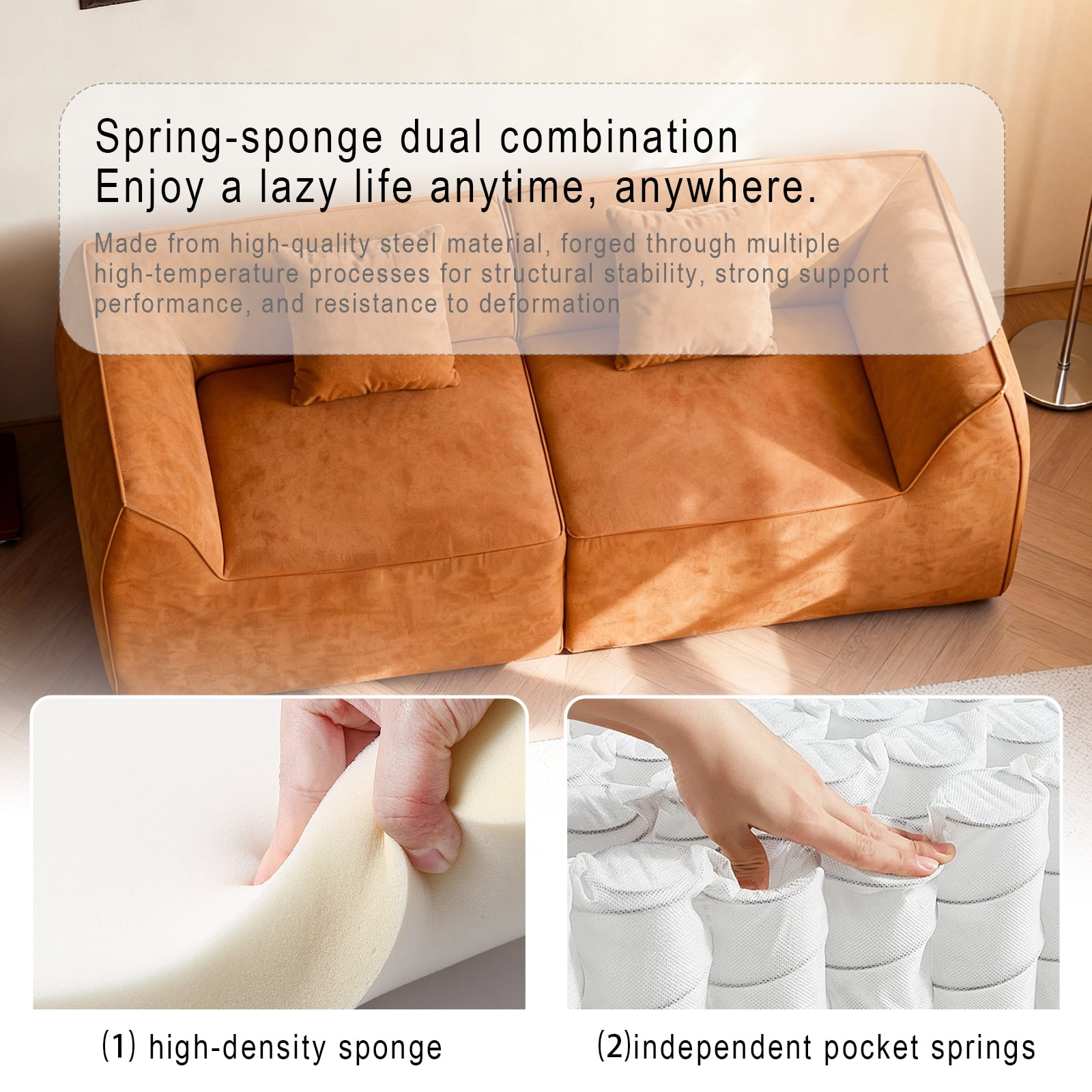 Sofa Bed, Daybed, Sleeper Sofa Compressed Memory Foam 2-Seater Lounger Daybed with Rectangular Pillow for Bedroom Guest Room Dorm, Orange