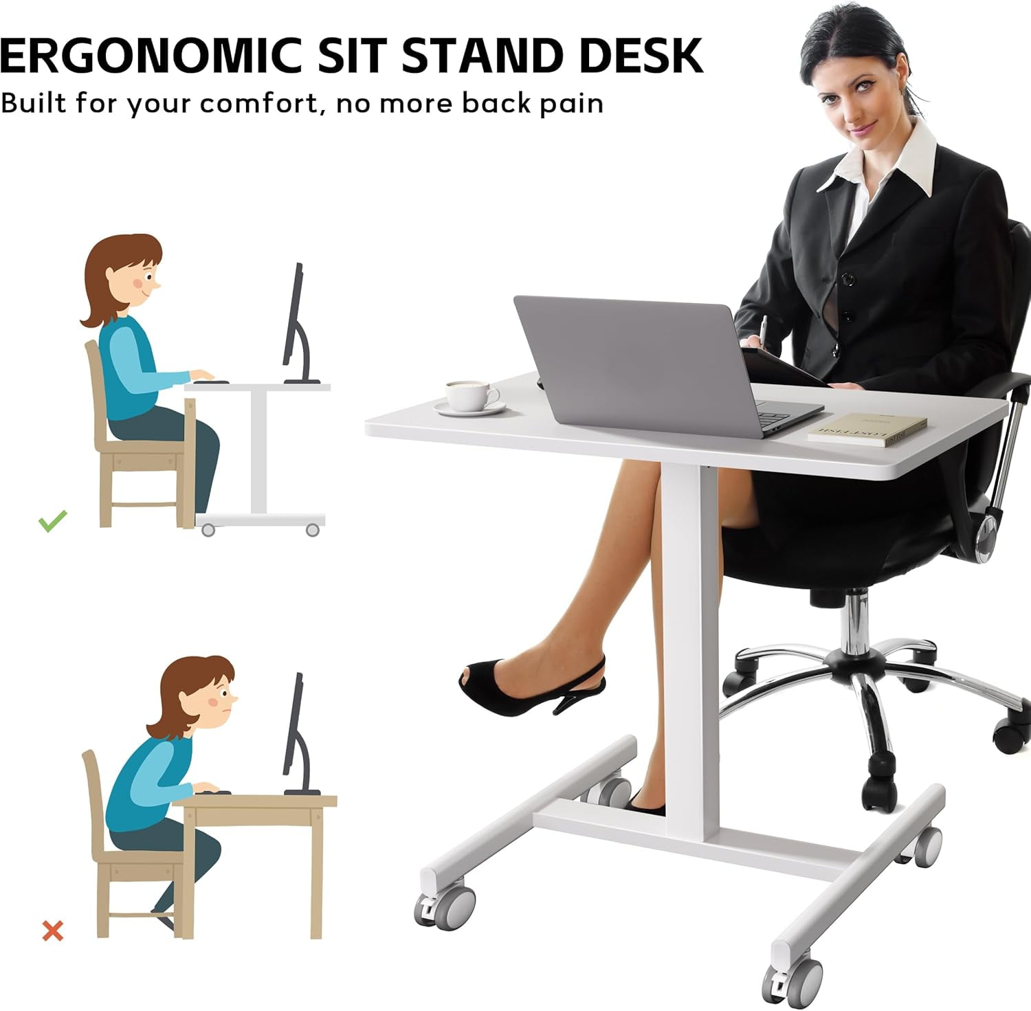 JessieMal Mobile Laptop Standing Desk Adjustable Height, Small Mobile Desk Workstation with Wheels, Portable Rolling Computer Desk Cart for Home Office Classroom (White)