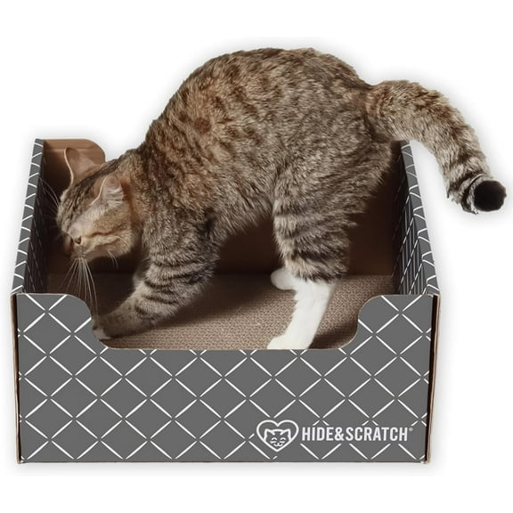 Hide & Scratch: Extra-Large Heavy Duty Cardboard Cat Scratcher and Lounger Box with Refillable Scratch Pad (Dark Grey Diamond)