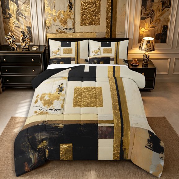 Castle Fairy Mid Century Gold Square Relief Full Size Comforter Sets 3-Piece,Abstract Textured Brush Splash Bedding Comforter Set,Black Cream,Reversible,1 Comforter and 2 Pillowcases