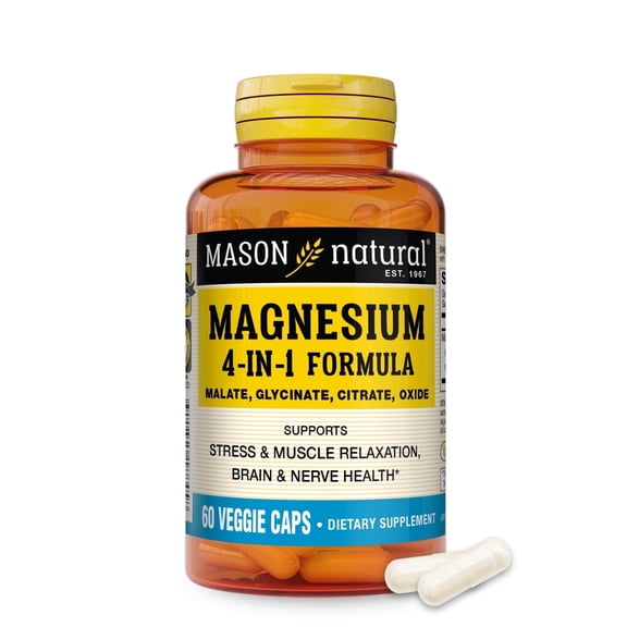 Mason Natural Magnesium 4-in-1 Complex 400mg, Supports Stress, Muscle Relaxation, Brain & Nerve Health, 60 Veggie Capsules