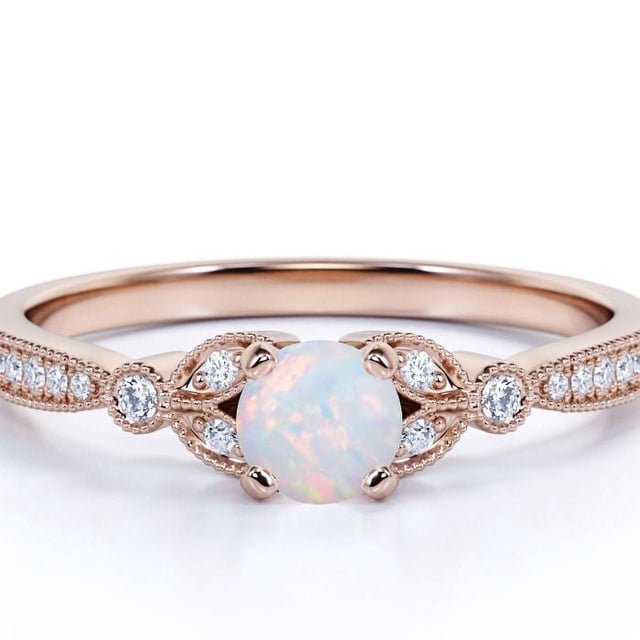 JeenMata Anillo de Compromiso Vintage con Ópalo Welo Redondo de 1 Uds y Moissanita con Diseño Floral en Oro Rosa de 18 K sobre Plata