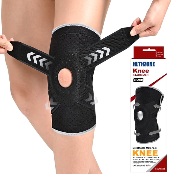 HLTHZONE Adjustable Knee Brace with Side Stabilizers for Running, Compression Knee Support for Meniscus Tear, Arthritis, ACL, LCL, Knee Pain Relief for Men & Women, L - Size(Black/Gray)
