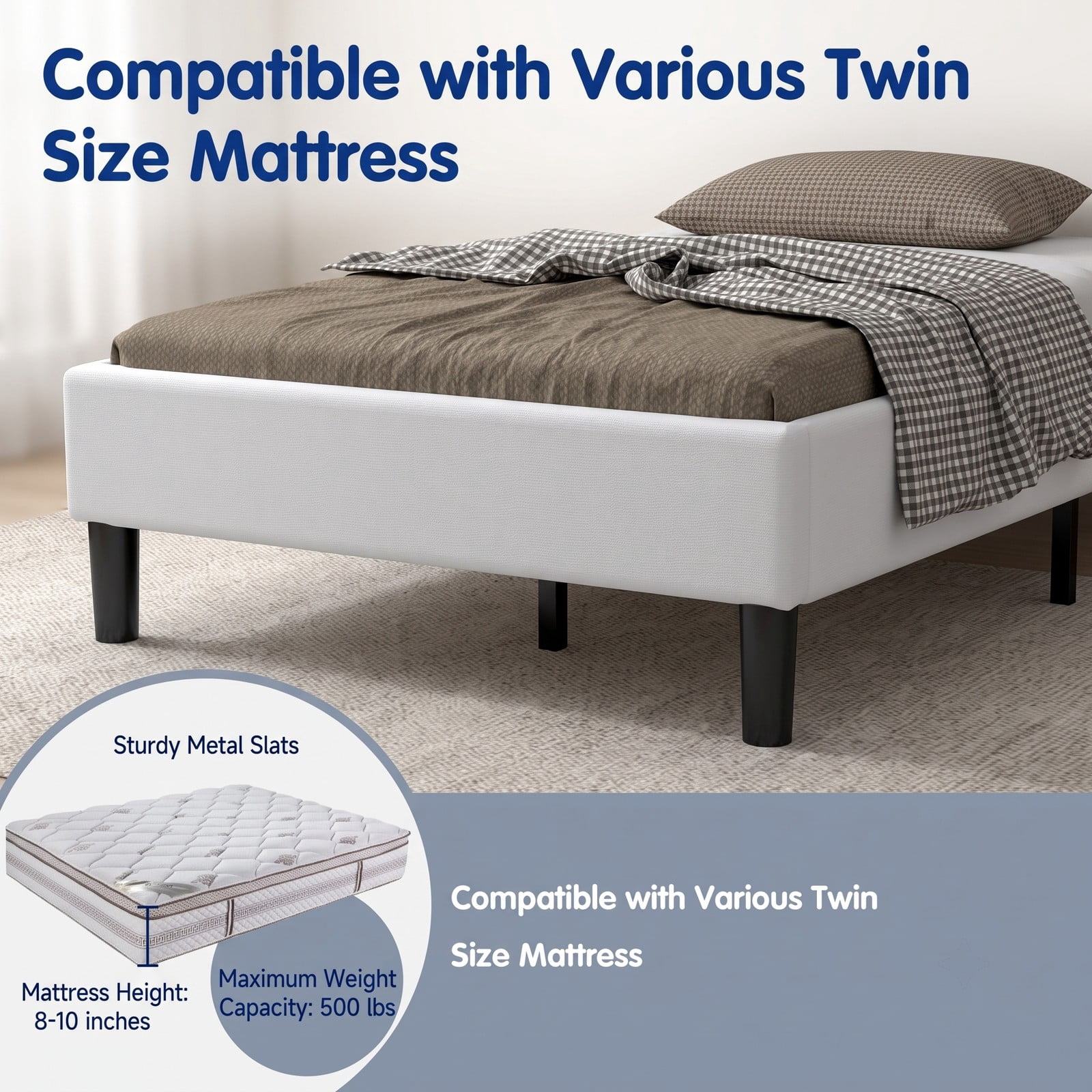 Furnibear Twin Size Bed Frame, Upholstered Platform Bed with Button Tufted Headboard and Under-Bed Storage, No Box Spring Needed, White