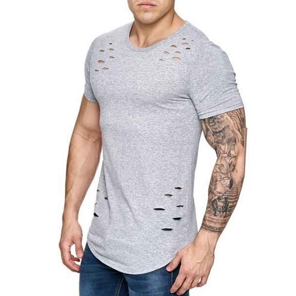 Camisetas de cuello redondo sueltas de color sólido rasgadas para hombre Camiseta de manga corta curvada ahuecada informal para hombre Yuarrent FS7578-24
