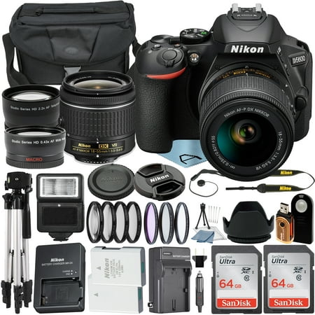 Nikon D5600 DSLR Camera with AF-P 18-55mm Zoom Lens + 2 Pack SanDisk 64GB Memory Card + Case + Tripod + Wideangle + A-Cell Accessory Bundle