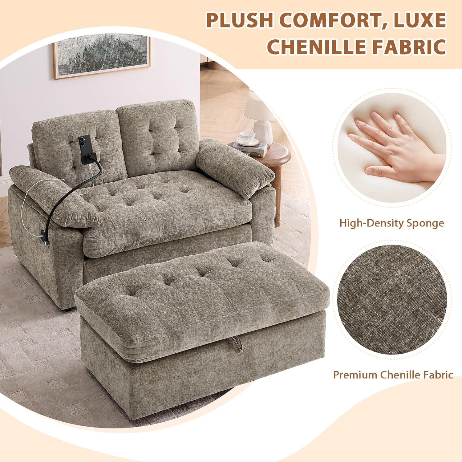 MOONMISS Oversized Chaise Lounge Chair Indoor with Ottoman&Adjustable Backrest,Chenille Tufted Recliner Sofa Chair with USB&Phone Holder,Convertible Sleeper Couch Bed for Living Room,Brown