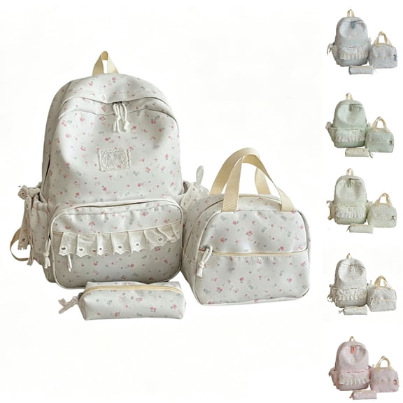 HJYCHN Bookbag for Girls Floral Print 3Pc Set Daypack with Decorative Trim Lunch Tote Pencil Case Back to School Supplies for Kids Boys Backpack White